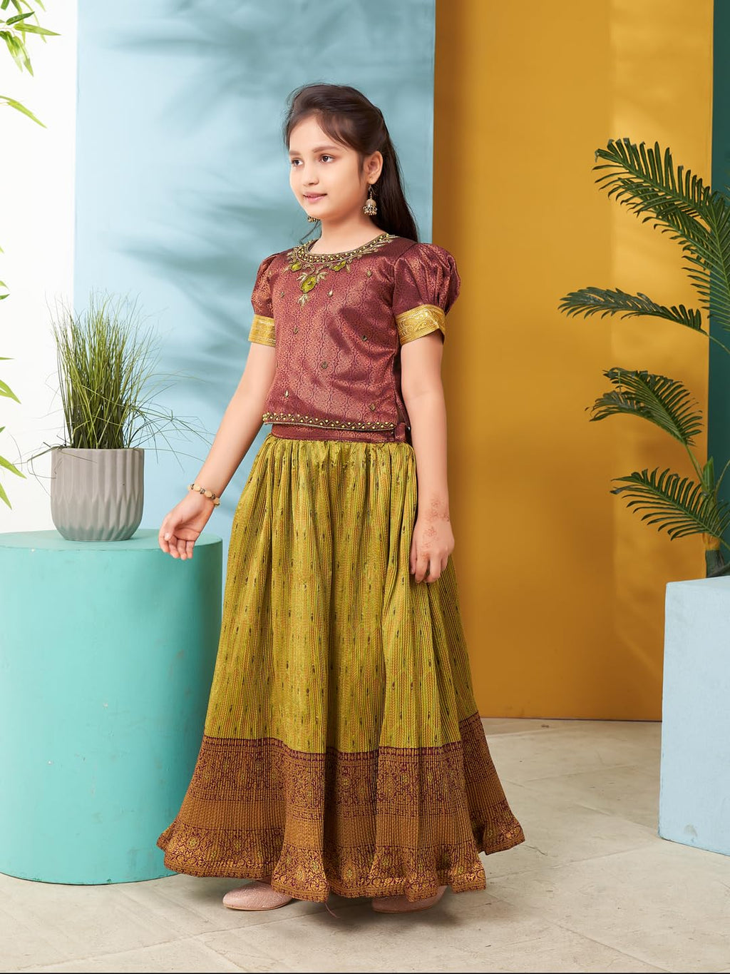Aarika Girls Ethnic Wear Maroon Colour Hand Embroidery Lace Work Brocade Lehenga Choli Set (5-11 Years)