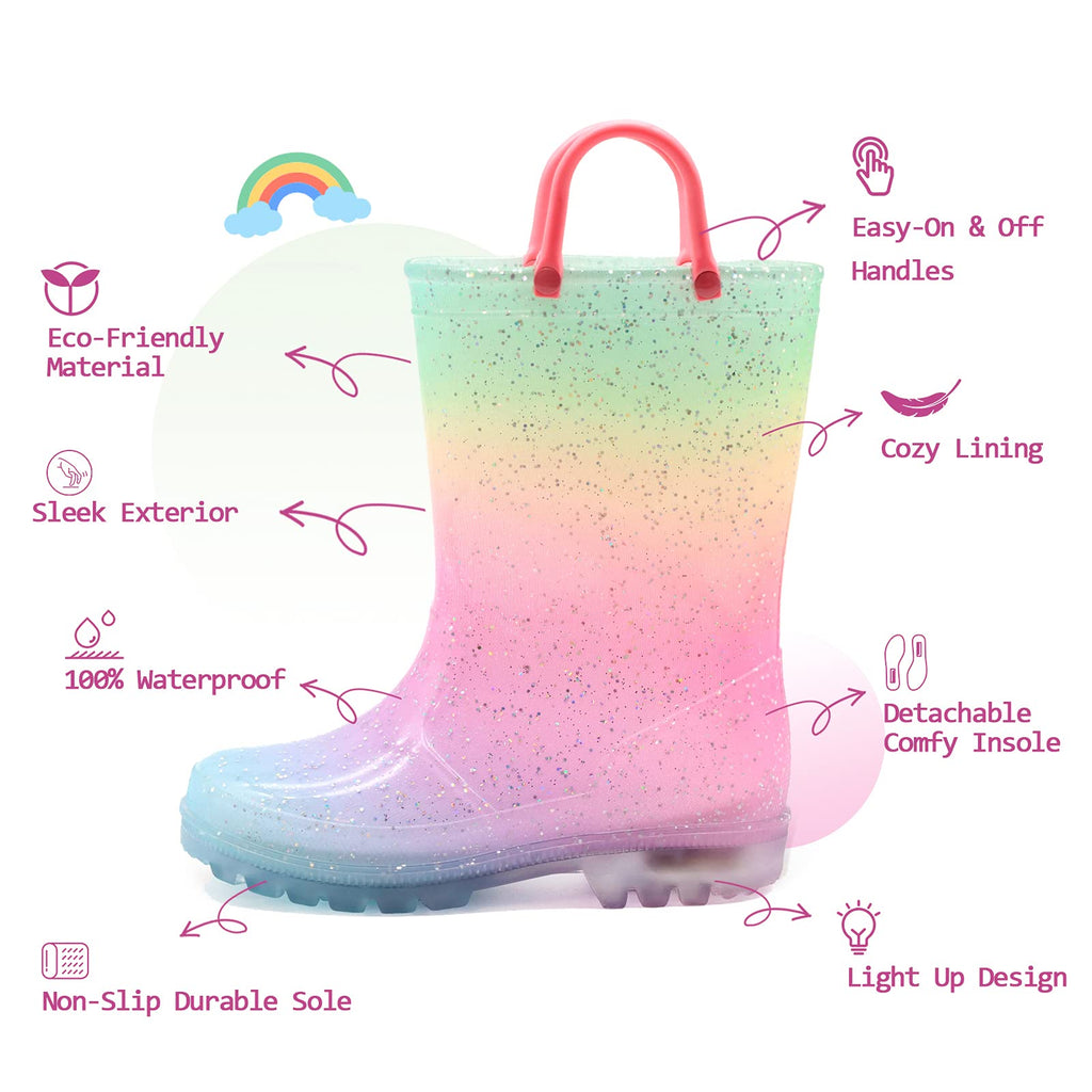 EUXTERPA Toddler-Kids Waterproof Light Up Rain Boots Patterns and Glitter Boots with Handles for Girls Little Kid Size 12 Pink G