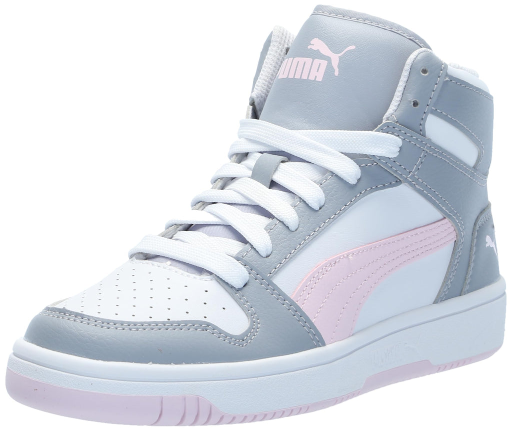 PUMA Rebound Layup Mid Sneaker, White-Gray Fog-Whisp of Pink, 5 US Unisex Big Kid