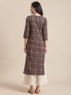 Varanga Women Blue And Beige Abstract Printed Kurta With Gota Work On Yoke And 3/4Th Sleeves