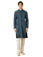 Manyavar Mens Cotton Printed Full Sleeves Knee Length Kurta (Blue, L)