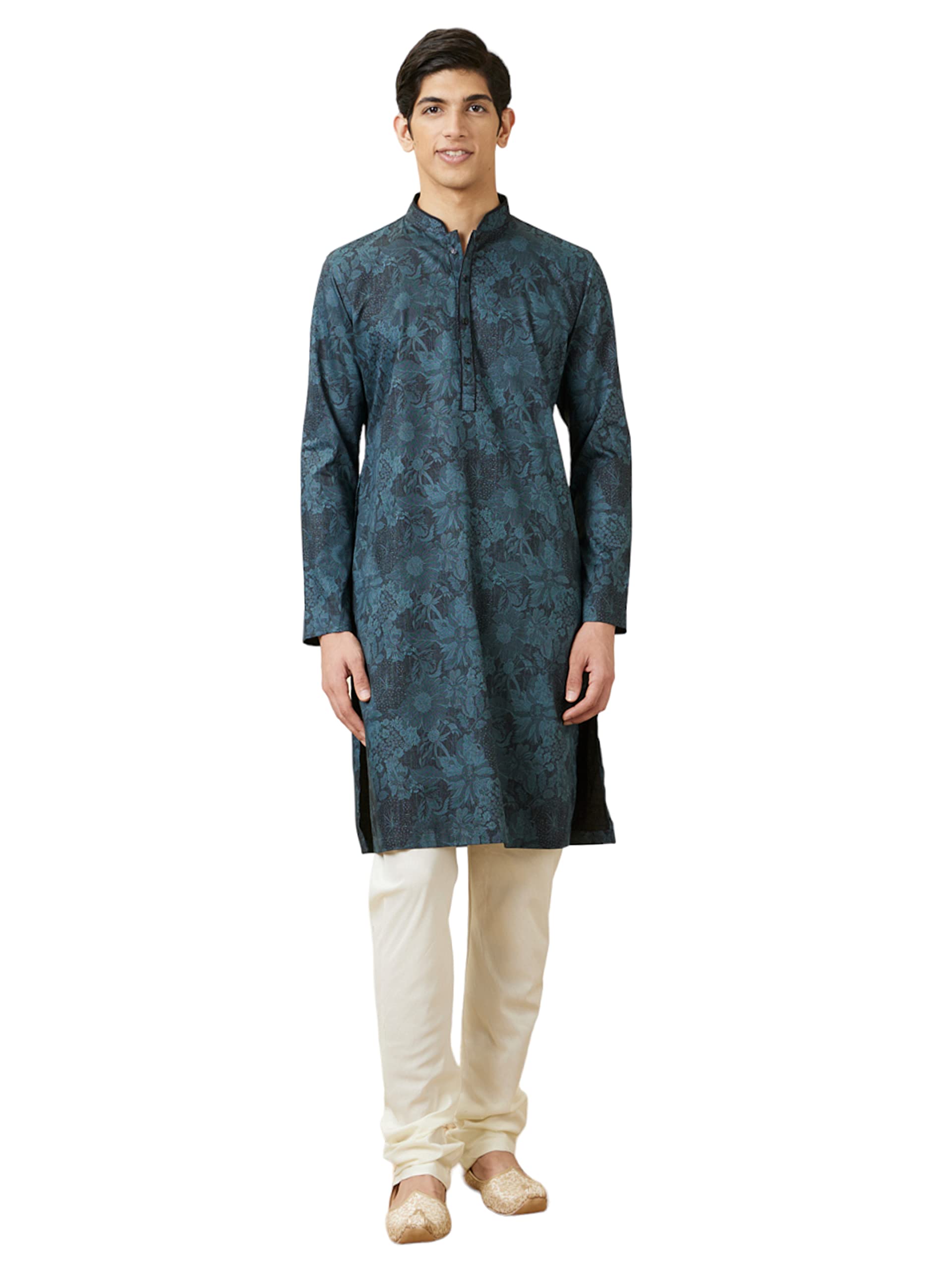 Manyavar Mens Cotton Printed Full Sleeves Knee Length Kurta (Blue, L)