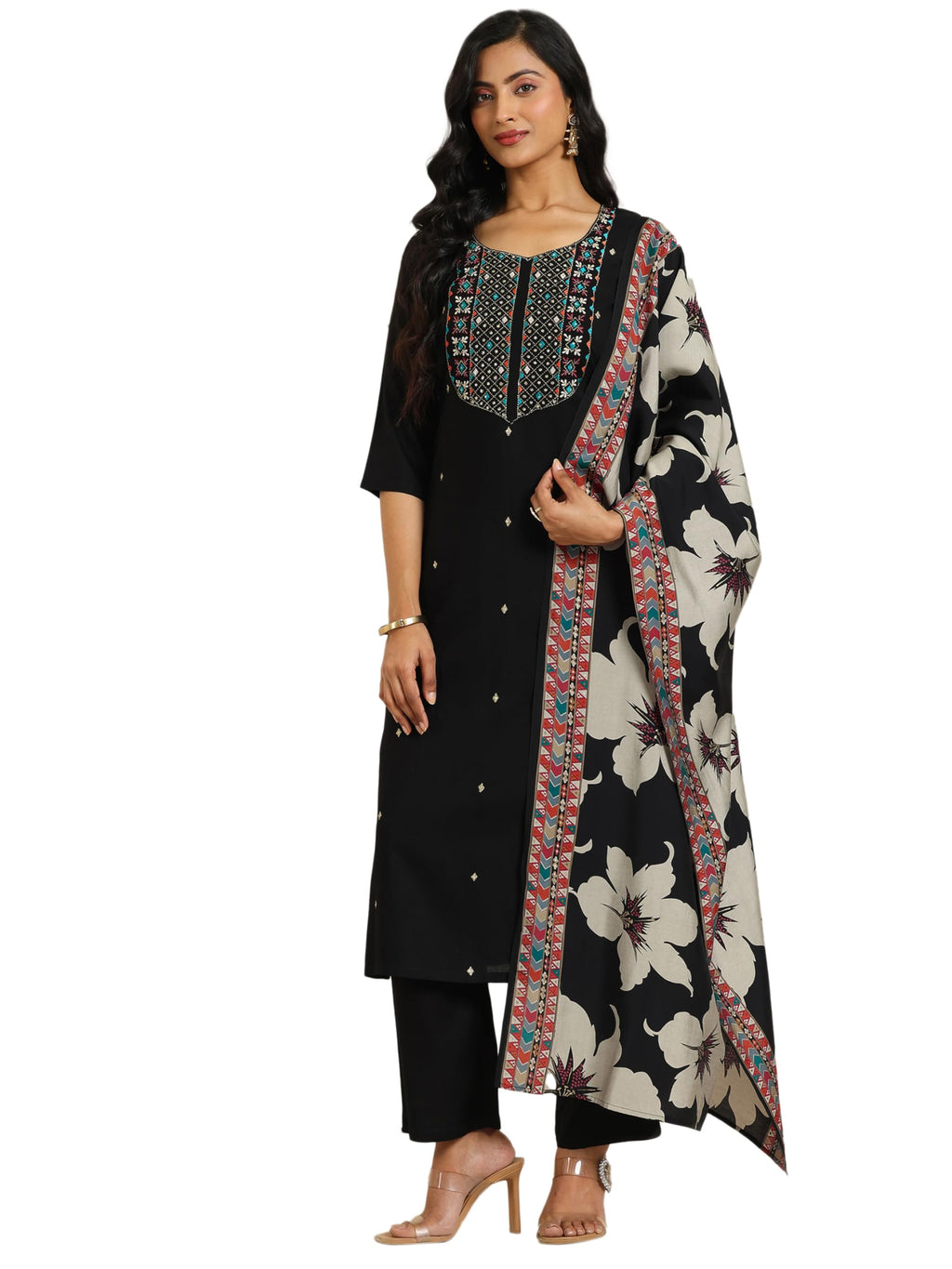Libas Womens Embroidered Viscose Straight Kurta With Trousers And Dupatta
