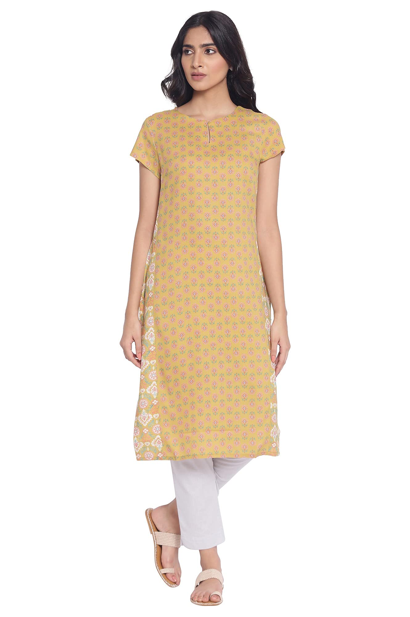 W For Woman Dark Yellow Floral Printed Regular Kurta