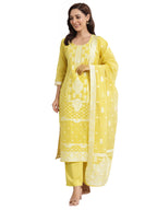 Yellow Floral Woven Design Straight Kurta & Wide Leg Solid Trouser With Woven Dupatta