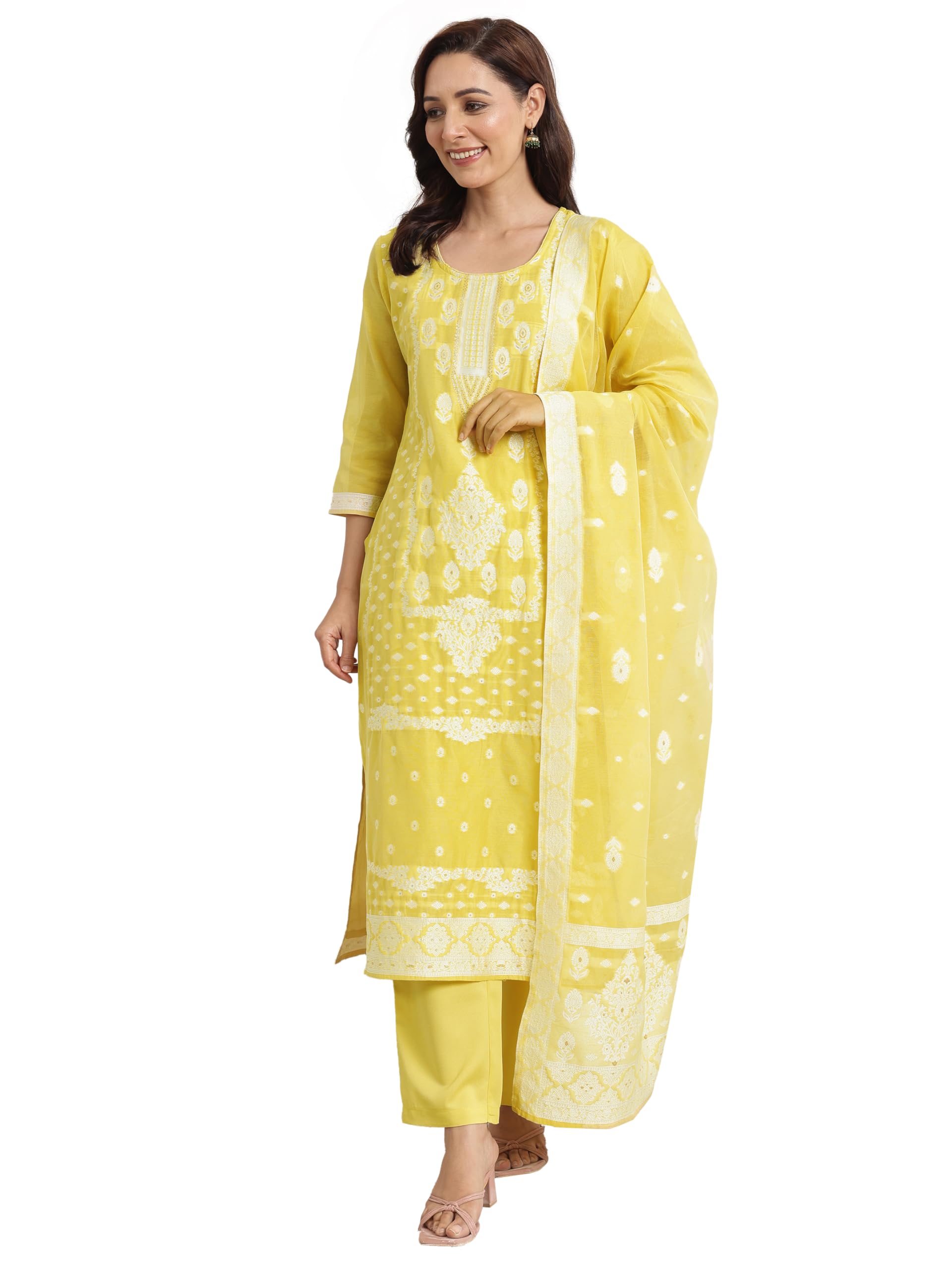 Yellow Floral Woven Design Straight Kurta & Wide Leg Solid Trouser With Woven Dupatta
