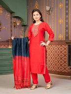 Aarika Girls Ethnic Wear Red Colour Sequin Embroidery Silk Kurti Pant Set-10-15 Years (Kp-Sd-5993)