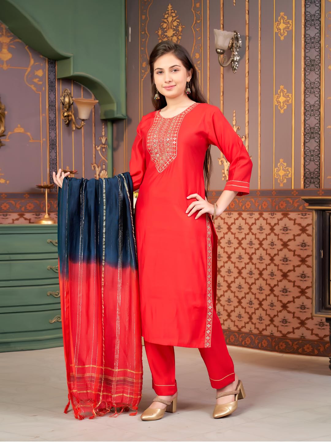 Aarika Girls Ethnic Wear Red Colour Sequin Embroidery Silk Kurti Pant Set-10-15 Years (Kp-Sd-5993)