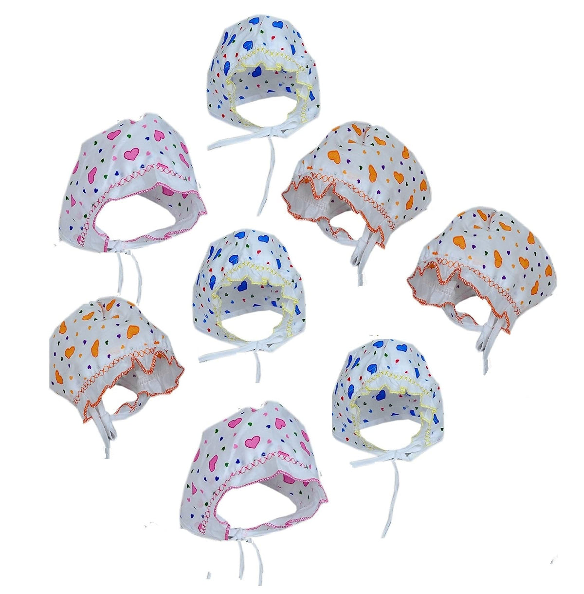 Beupeu Soft Pure Cotton Printed Cap/Hat/Topi With Tai Knot And Bonnet For Unisex Baby 03 Months(Pack Of 8) White 0-3