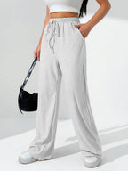 Sugathari Womens White Loose Wide-Leg Pants with Textured Wrinkled Fabric and Drawstring Waist Long Trousers (Trouser 157 White