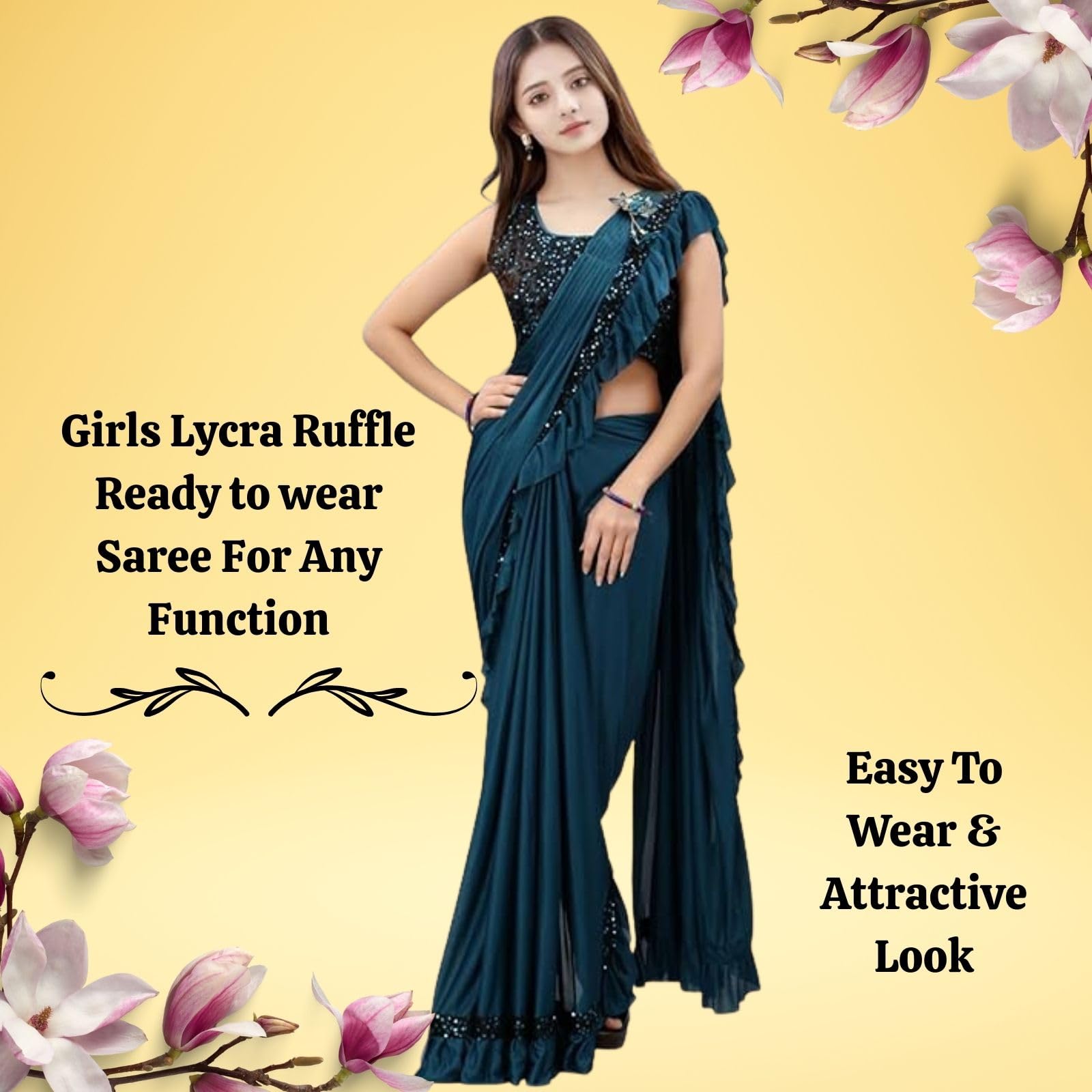 Dhyey Fashion Fashionable Baby Girls Lycra Blend Saree With Velvet Unstitched Blouse Piece | Readymade Saree For Girls | Sarees