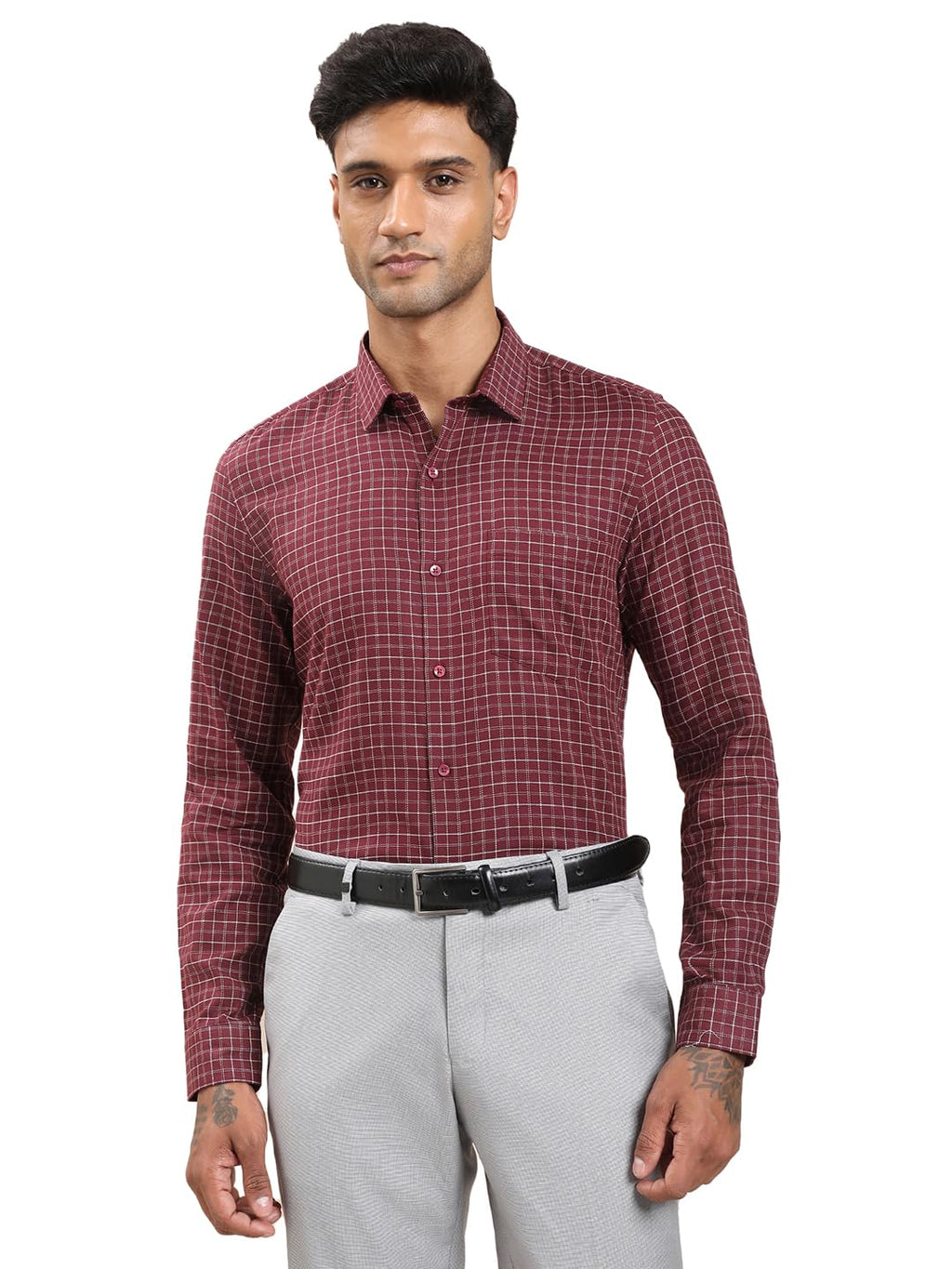Turtle Men Maroon Slim Fit Checkered Pure Cotton Formal Shirt