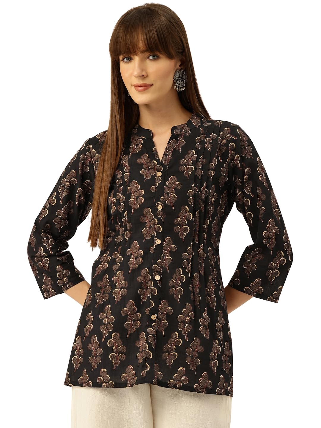 feranoid Elegant Mandarin Collar Printed Tunic  Stylish & Comfortable, Sizes S3XL Black 3
