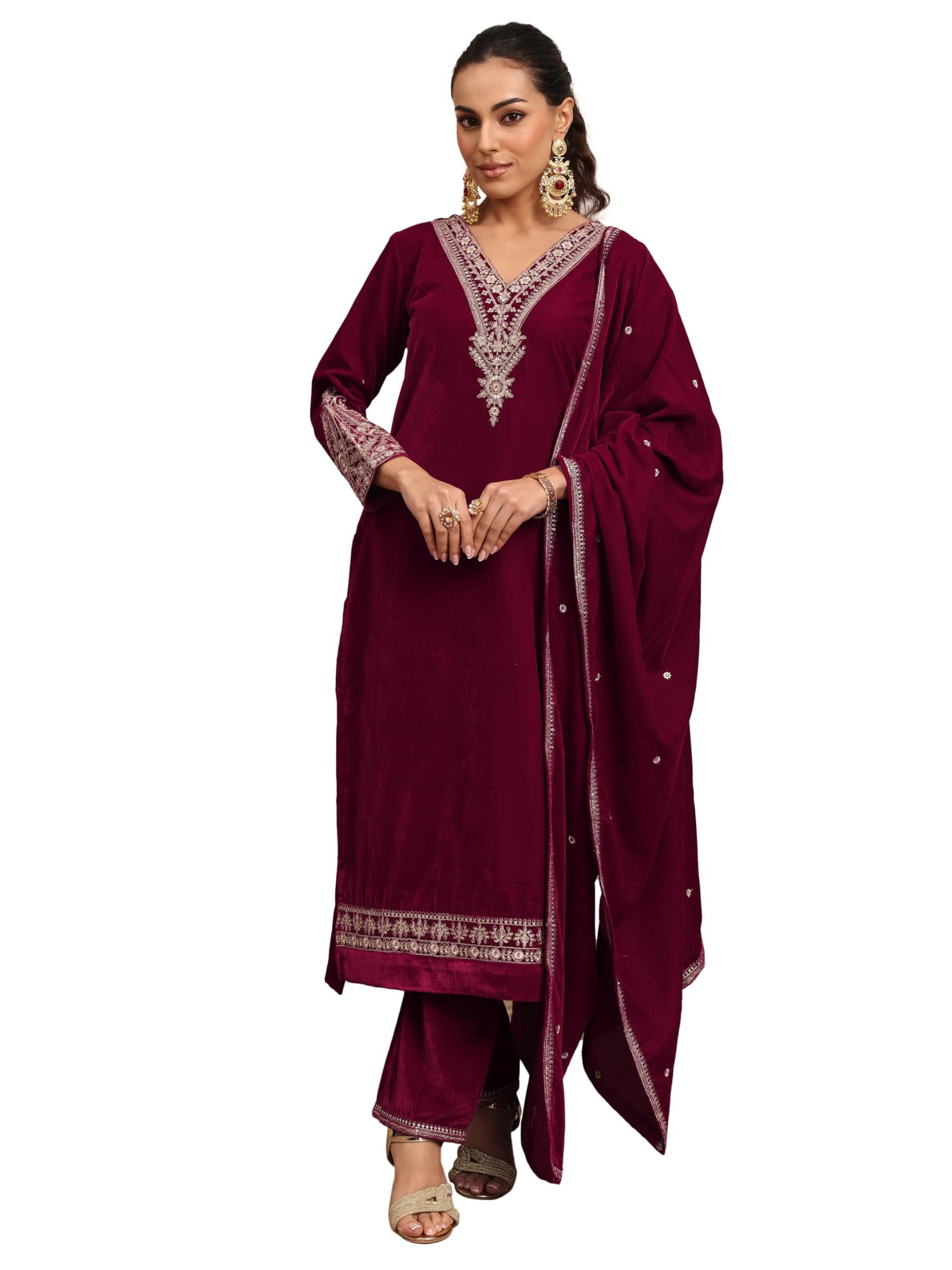 Libas Embroidered Velvet Straight Kurta With Trouser and Dupatta-49616S