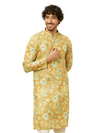 Manyavar Mens Peach Yellow Floral Printed Kurta (XL)