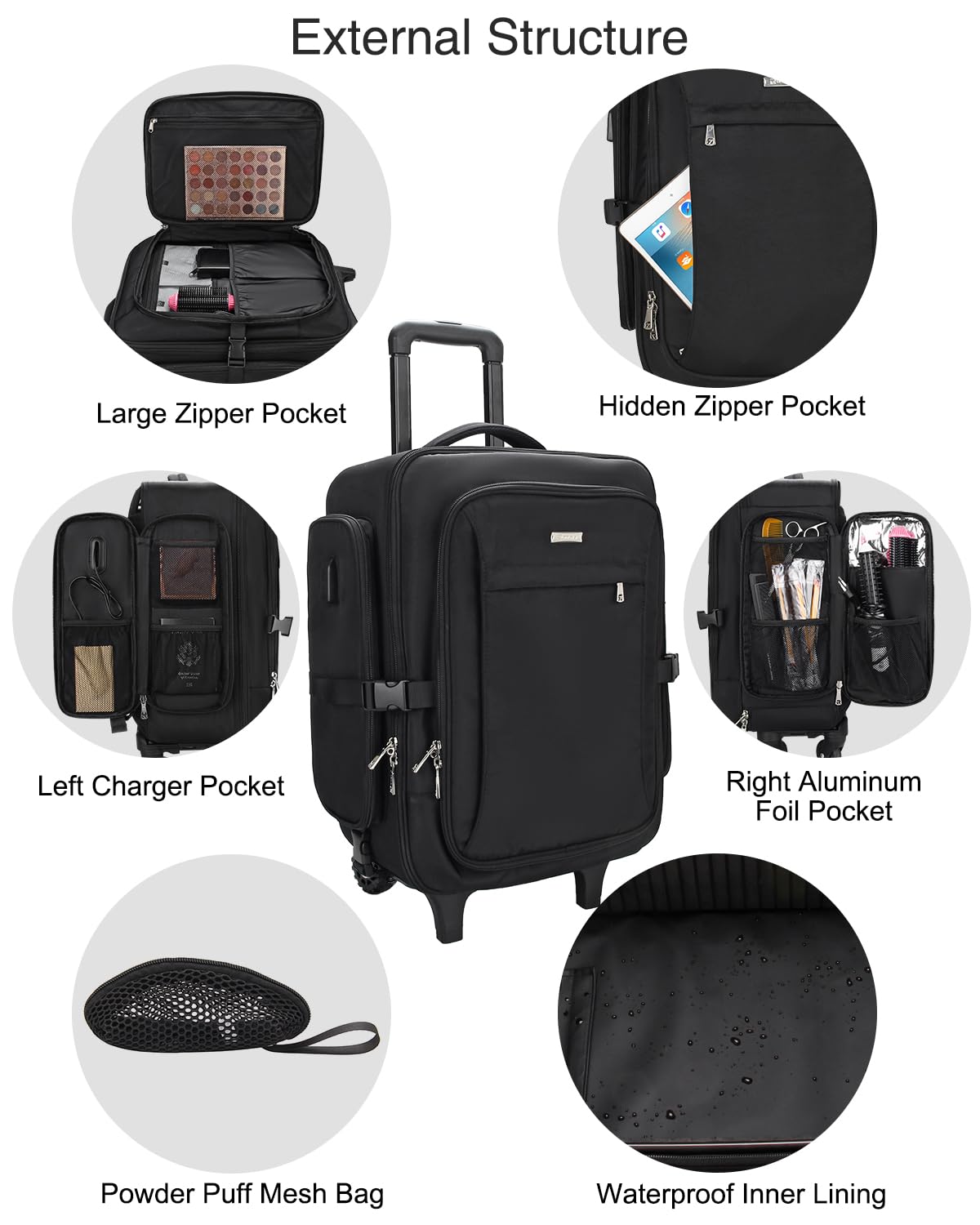 Relavel Rolling Makeup Case with 4 Clear Makeup Bags, Makeup Backpack with Adjustable Dividers,Cosmetic Train Case Storage with