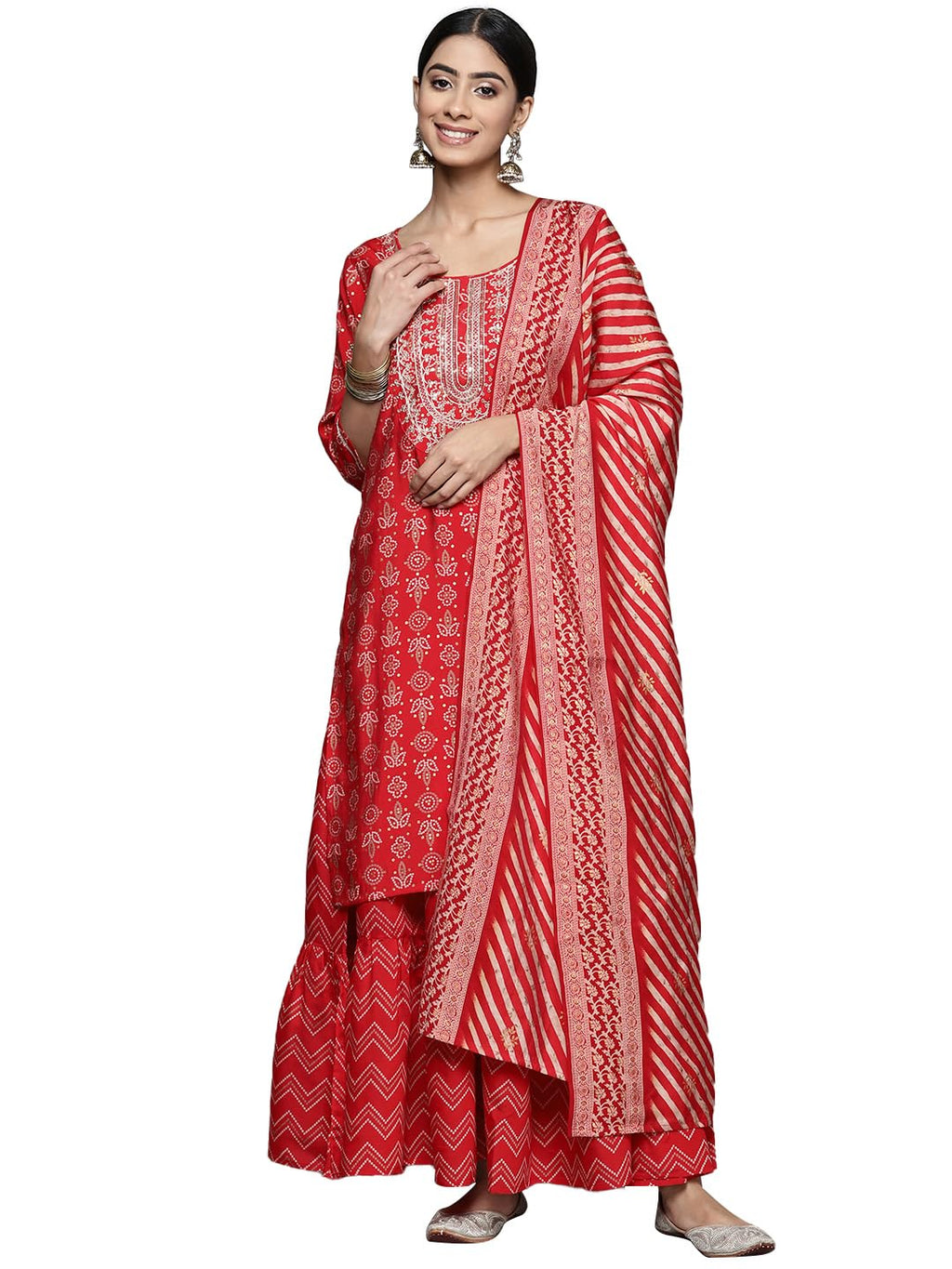 Libas Womens Yoke Design Silk Blend Straight Kurta With Skirt And Dupatta