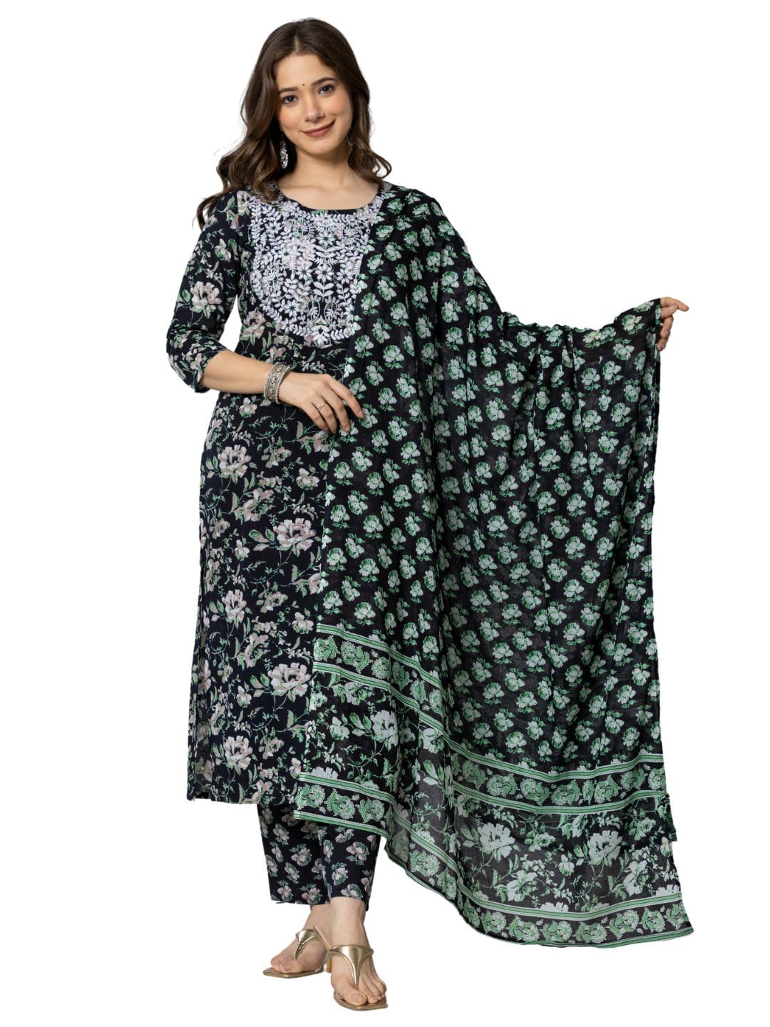 rytras Womens Cotton Embroidered Straight Kurta with Palazzo Pant and Dupatta