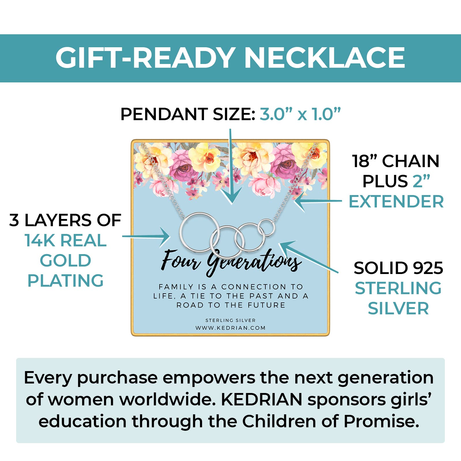 Four Generations Necklace, 925 Sterling Silver, Great Grandma Gifts From Granddaughter, Grandmother Necklace, 4 Generations Neck