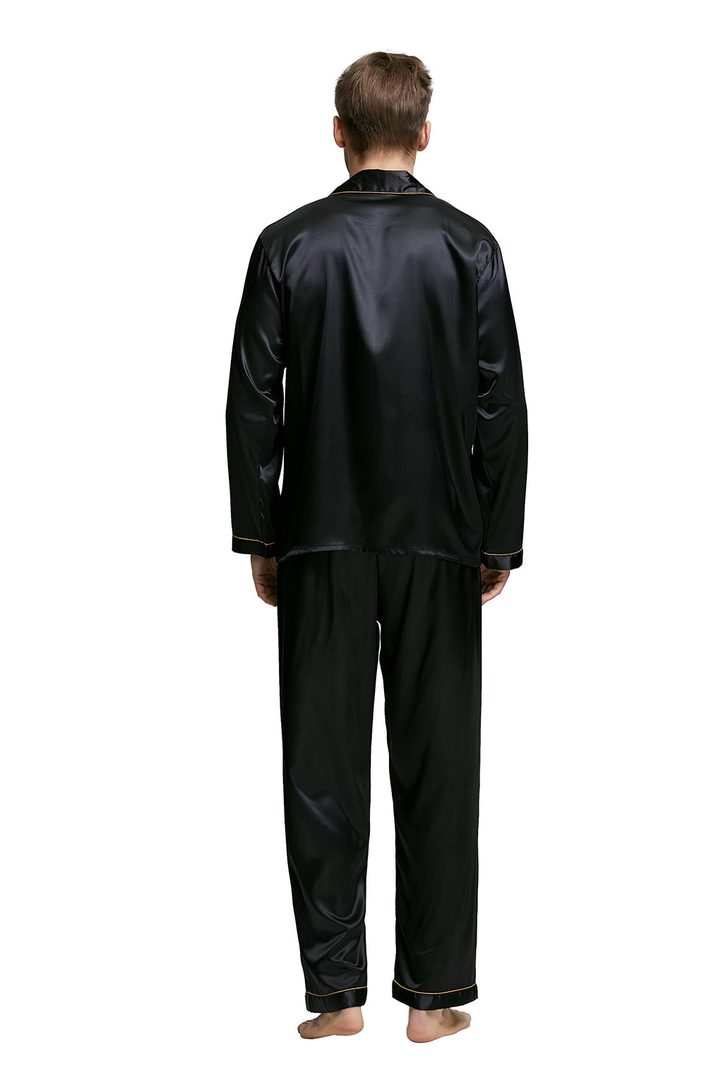 TONY & CANDICE Men's Classic Satin Pajama Set Sleepwear (X-Large, Black with Golden Piping)