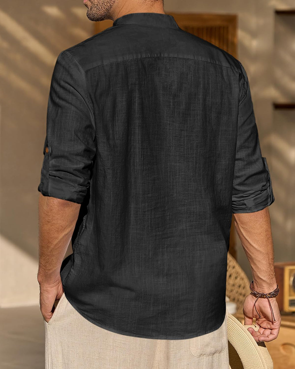 Zombom MenS Cotton Blend Solid Full Sleeve Short Kurta Shirt With Mandarin Collar Black