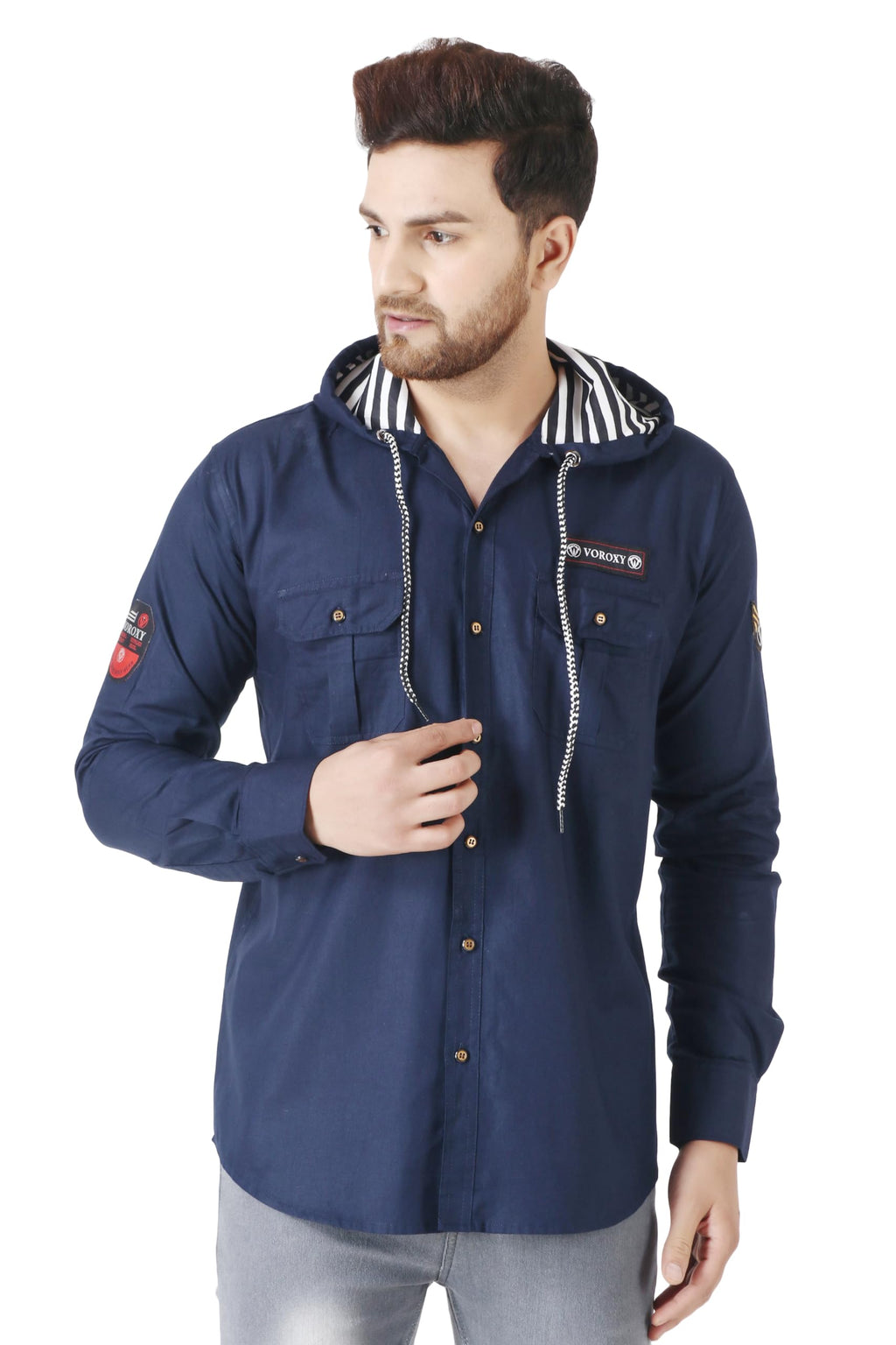 Besix MenS Blue Tailored Fit Cotton Blend Shirt For Man With Hoodie - Casual Long Sleeve Shirt With Pockets - Patch Detail For 