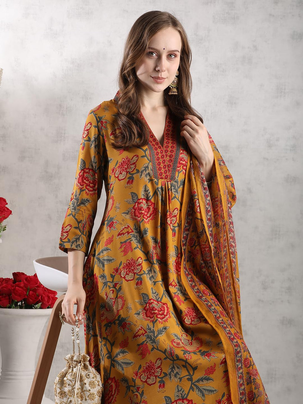 ANNI DESIGNER Women s Anarkali Printed Rayon Blend Palazzo and Dupatta Kurta, Yellow, 3XL