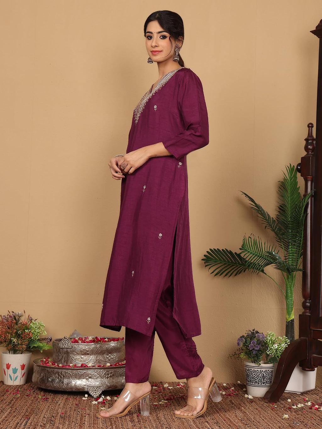 Varanga Women Pure Silk Purple Zari Embroidered Kurta With Bottom And Dupatta