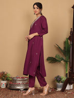 Varanga Women Pure Silk Purple Zari Embroidered Kurta With Bottom And Dupatta