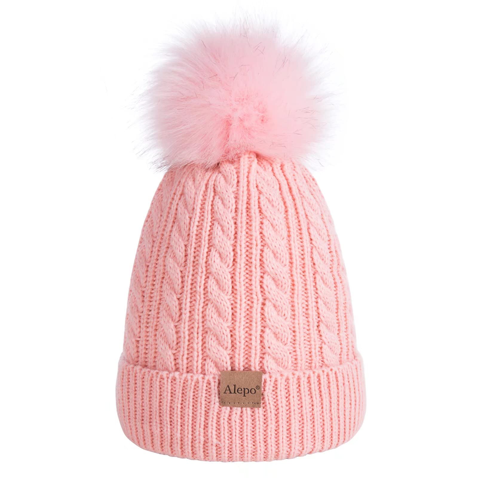 Kids Winter Beanie Hat, childrens Warm Fleece Lined Knit Thick Ski cap with Pom Pom for Boys girls (Pink)
