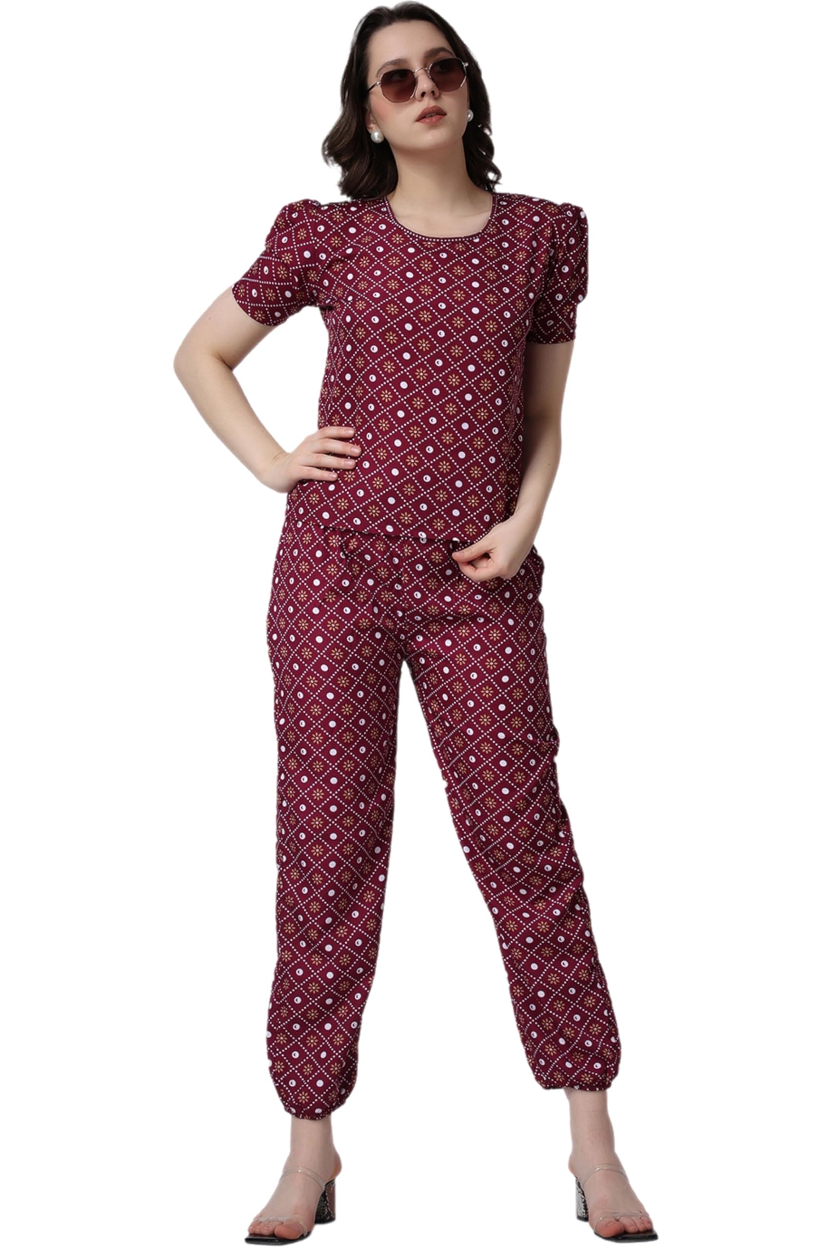 POPWINGS Casual Printed Top and Joggers Set for Women || Stylish Summer Co-Ords Set for Women || Round-Neck Top and Joggers Comb