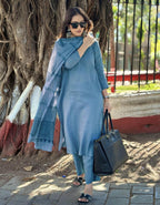 ANNI DESIGNER Womens Rayon Blend Straight Solid Kurta with Pant & Dupatta (Raja Saab Light Blue-VKS01_M_Light Blue_Medium)