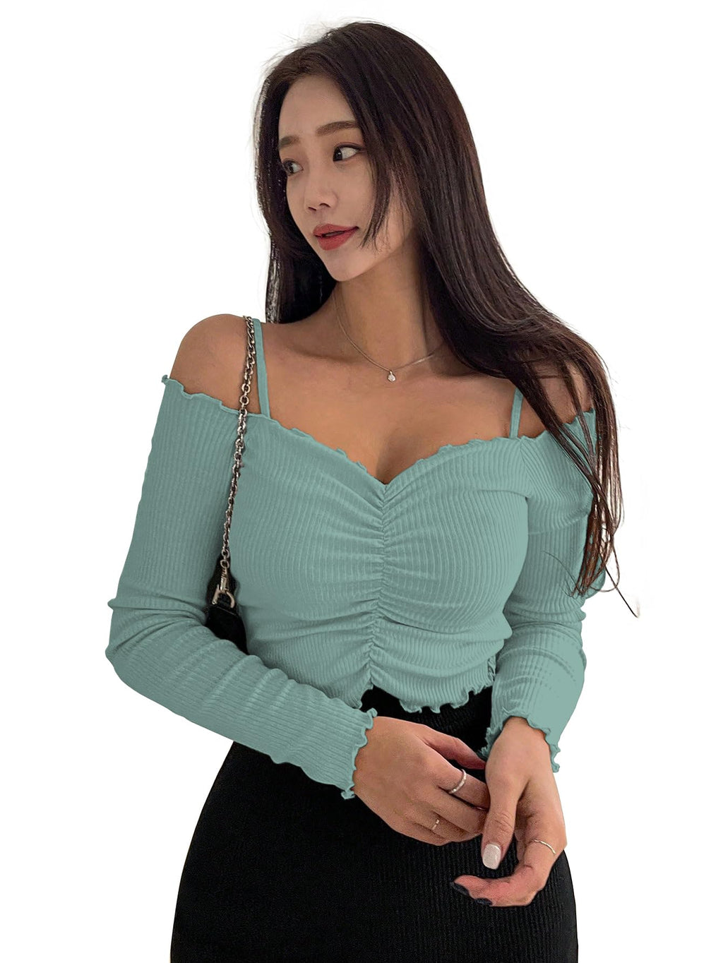 Sugathari Womens Teal Green Solid Colour Open Cold Off Shoulder Long Sleeve Lettuce Hem Casual Autumn Trim Tight- Slim Fitting 