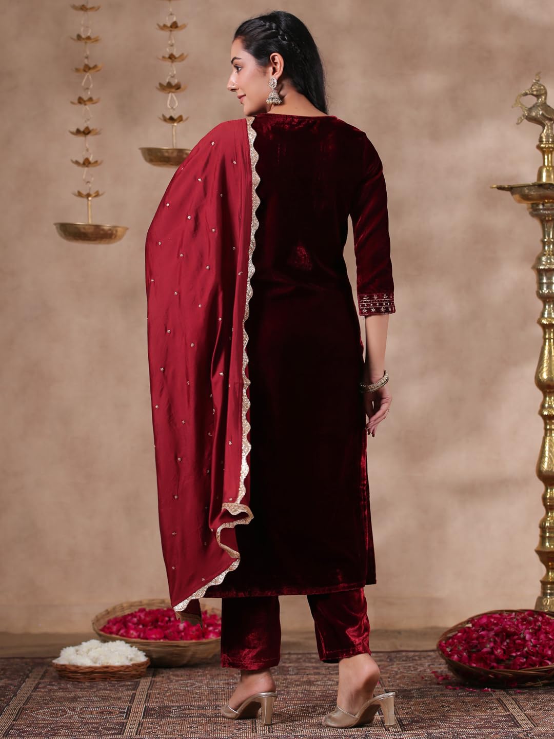 Ishin WomenS Velvet Yoke Design Zari Maroon Straight Kurta Suit Set With Trousers & Dupatta
