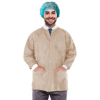 EZgOODZ Disposable Lab Jackets 30 Long Pack of 100 Tan Hip-Length Work gowns Medium SMS 50 gsm Shirts with Snaps Front Knit cuff