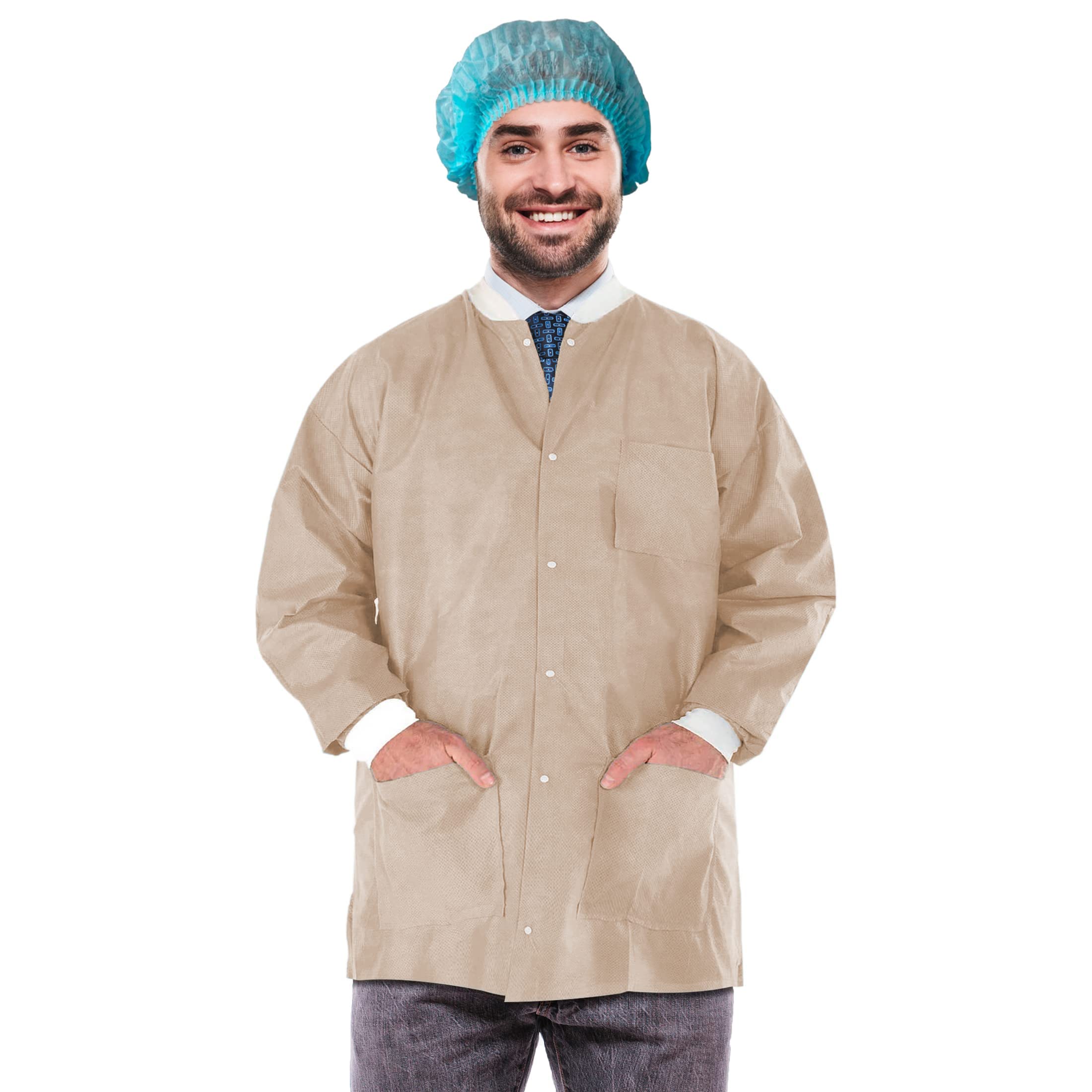 EZgOODZ Disposable Lab Jackets 31 Long Pack of 100 coral Pink Hip-Length Work gowns Large SMS 50 gsm Shirts with Snaps Front Kni