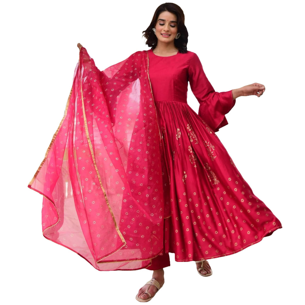 ANNI DESIGNER Womens Rayon Blend Anarkali Printed Kurta with Pant & Dupatta (KUNDAVAI Pink_XXL_Pink_XX-Large)