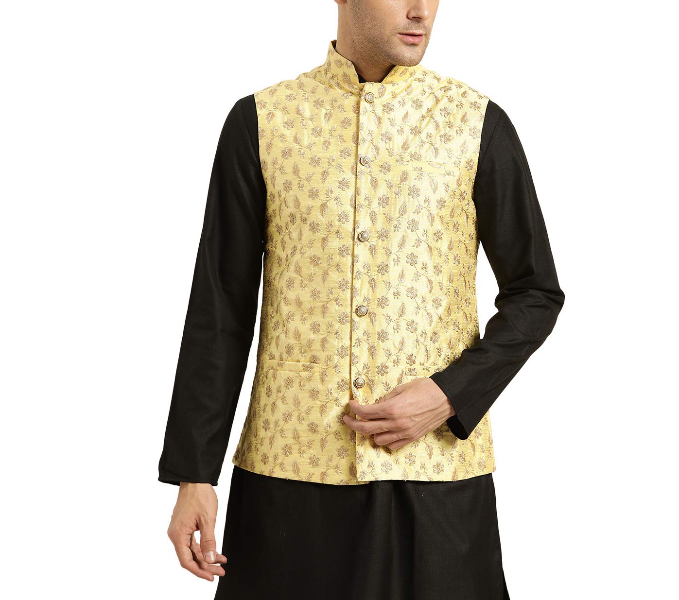 Sojanya (Since 1958, Mens Silk Blend, Lemon Yellow & Gold Embroidered Nehru Jacket, Size: 44