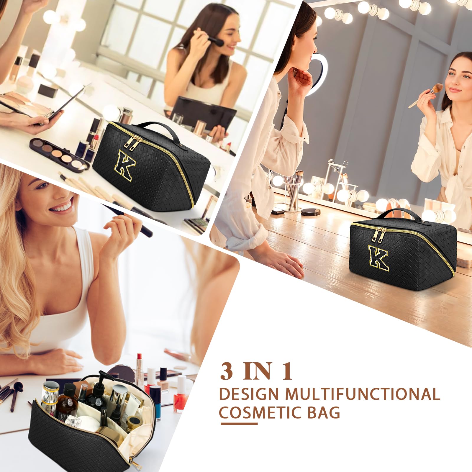 AURUZA Spacious Travel-Ready Makeup bag-Deluxe Cosmetic Bag Organizer with Adjustable Divider-Carry Handle-and Flat Lay Design-I