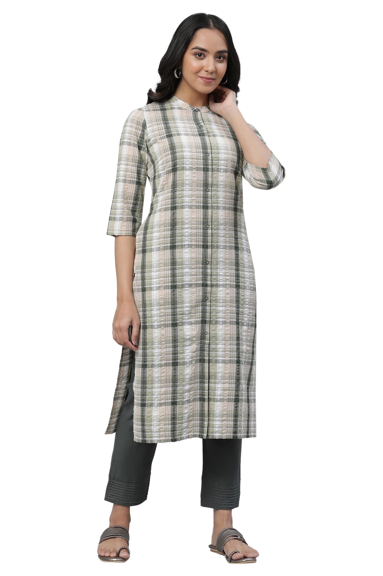 Aurelia Green Checked Cotton Regular Kurta for Women