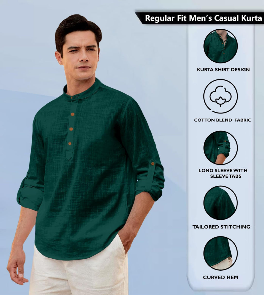 Zombom Mens Solid Cotton Blend Straight Kurta Shirt, Regular Fit Full Sleeve Short Kurta Shirt Green