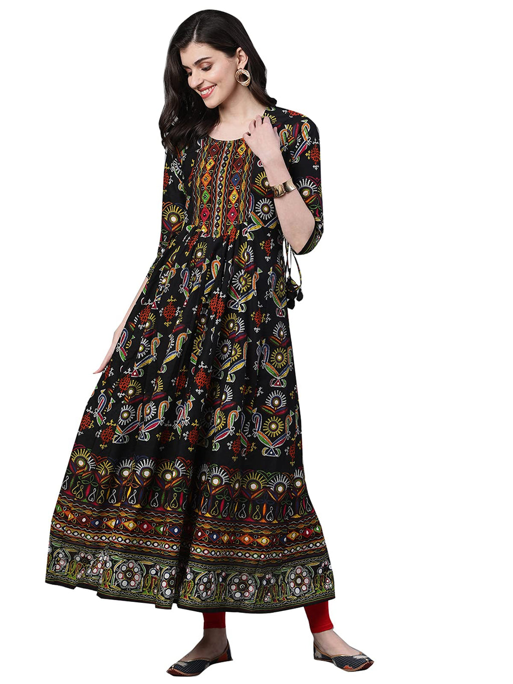 Ishin Women'S Cotton Black Gaatha Printed Anarkali Kurta