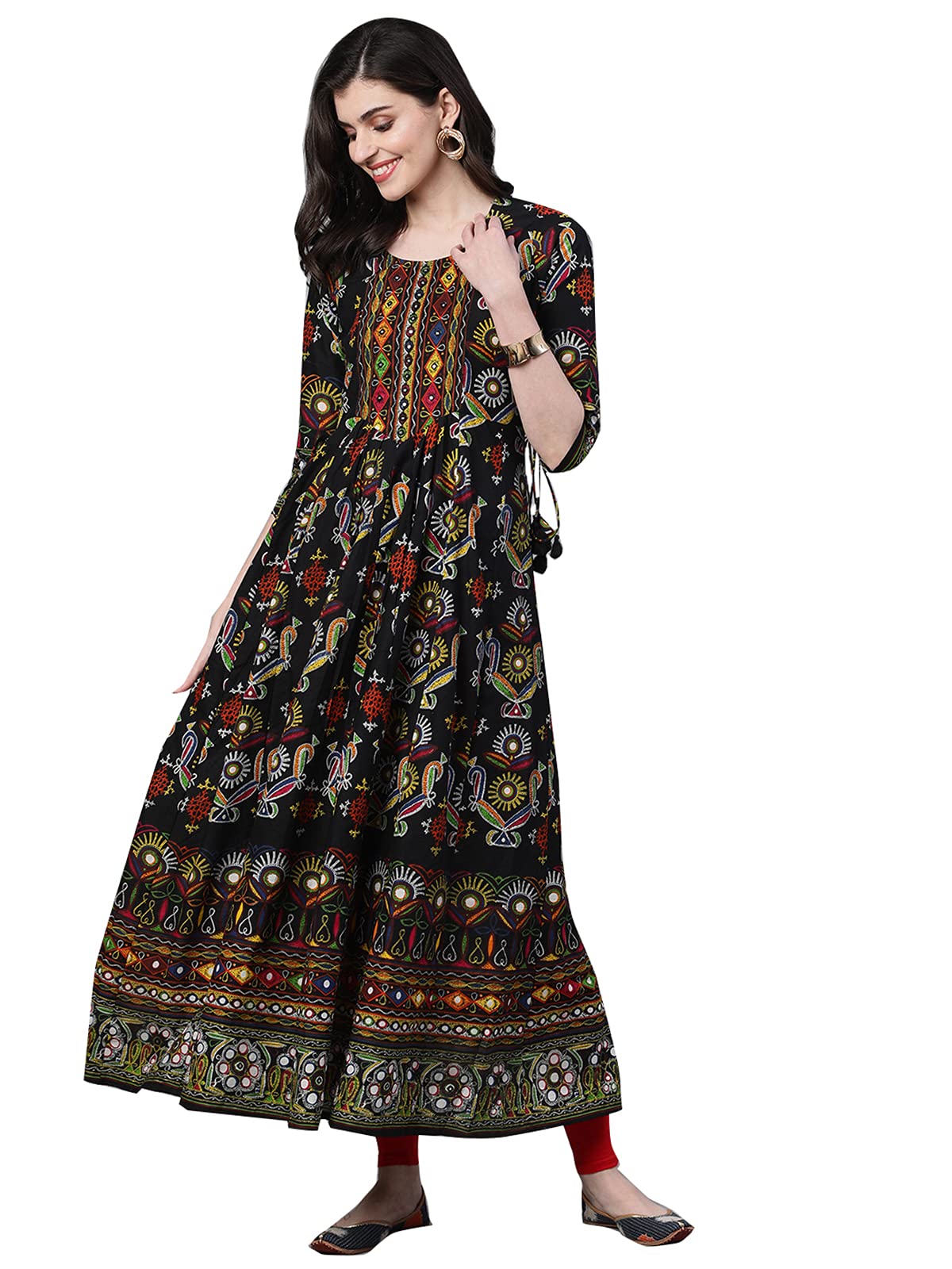 Ishin Women'S Cotton Black Gaatha Printed Anarkali Kurta