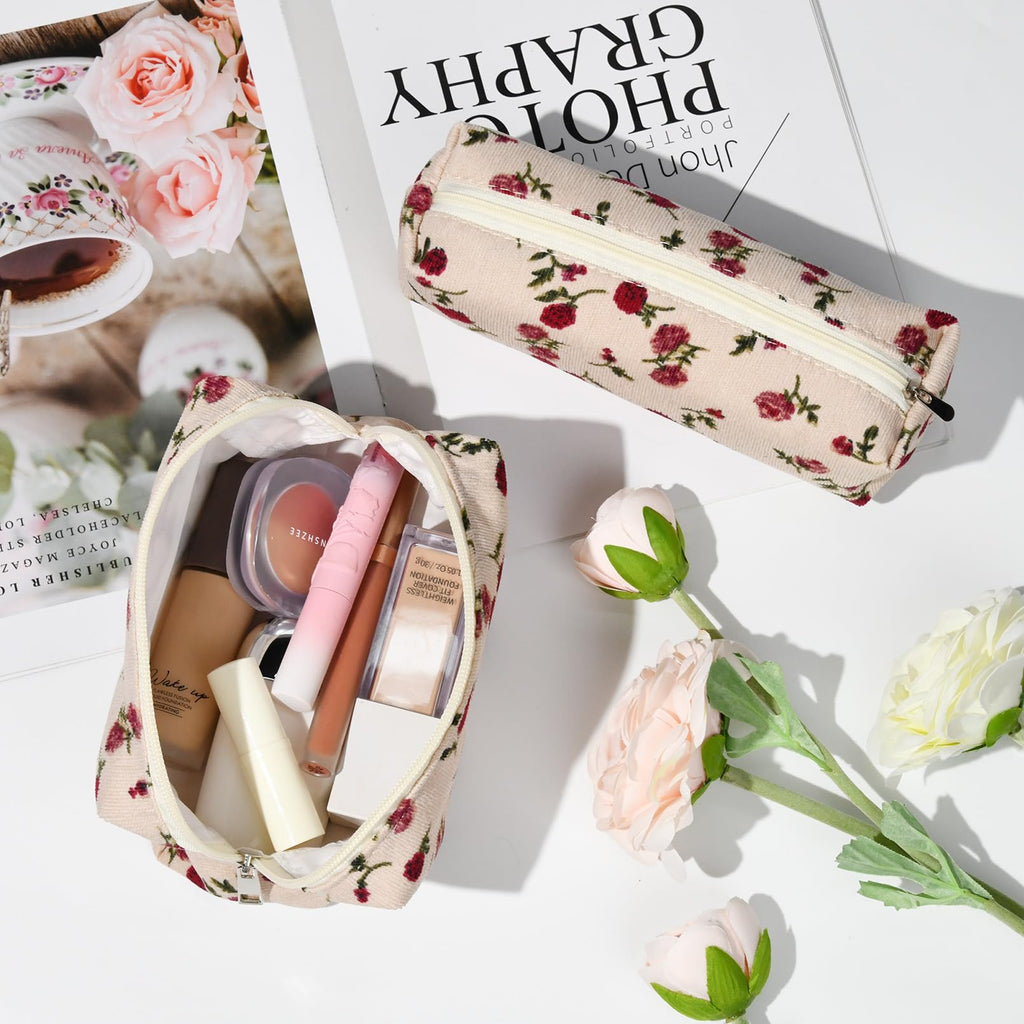 SOIDRAM Makeup Bag Floral Cosmetic Bag Cute Makeup Pouch 1Pcs Large Capacity Makeup Bags and 1Pcs Makeup Brushes Storage Bag Tra