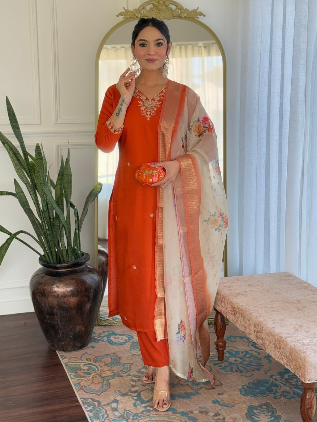 Naixa WomenS Rust Bsy Viscose Embroidered Straight Kurta With Bsy Viscose Pant And Organza Jacquard With Digital Print Dupatta