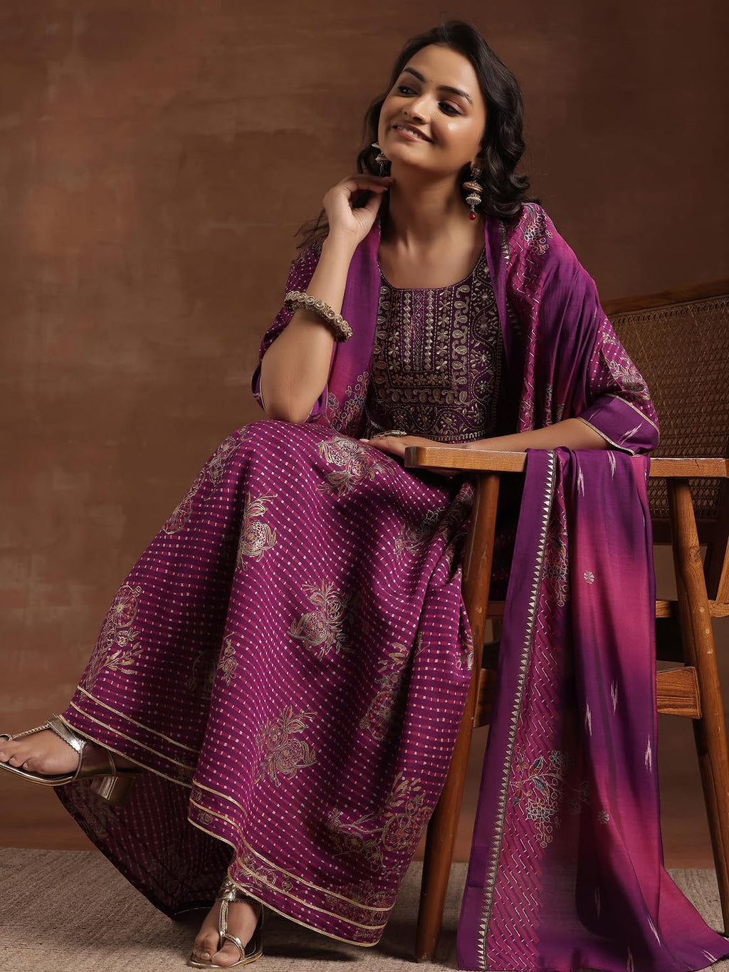 Libas Purple Silk Blend Printed Kurta Sets For Women
