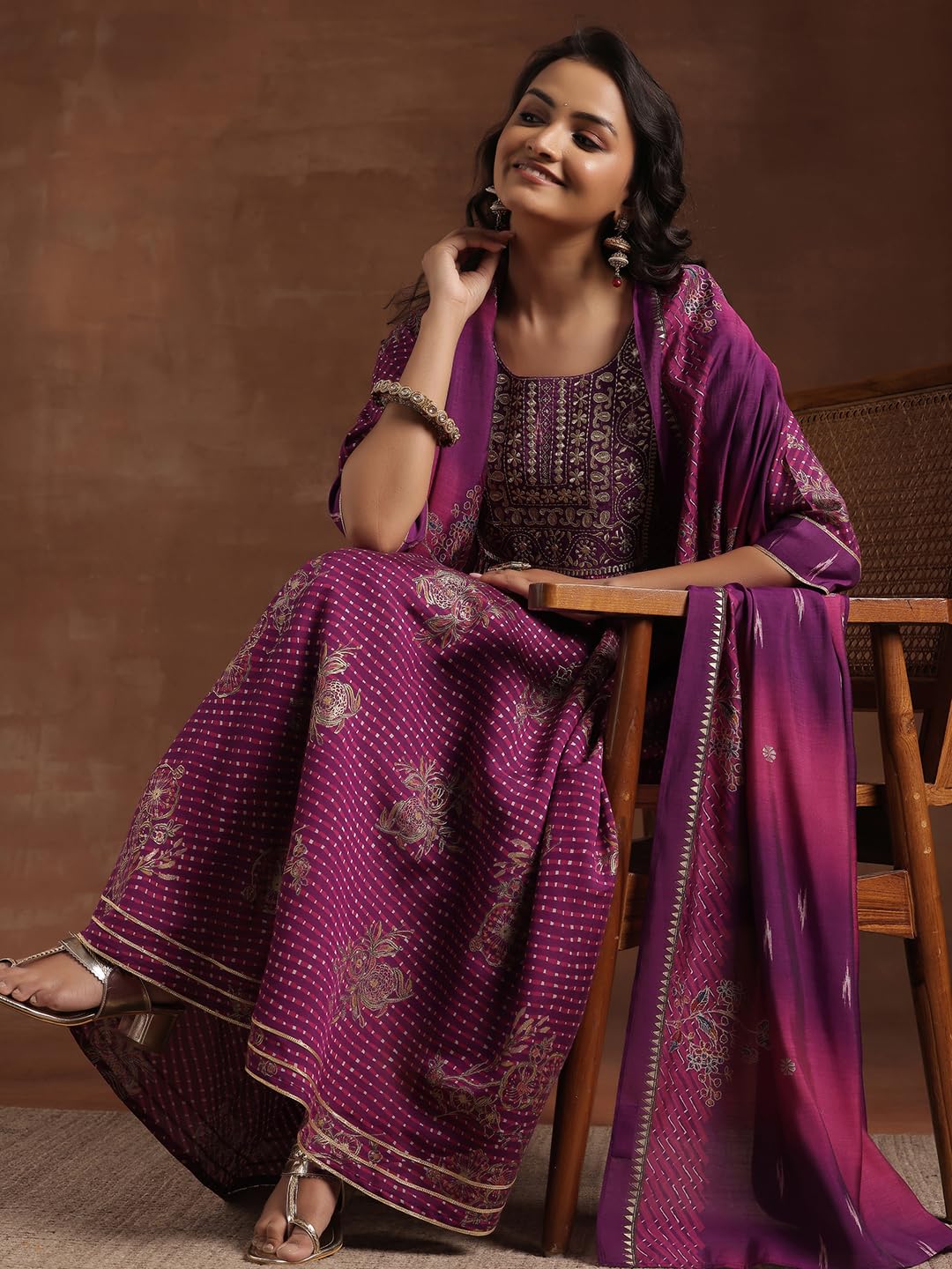 Libas Purple Silk Blend Printed Kurta Sets For Women