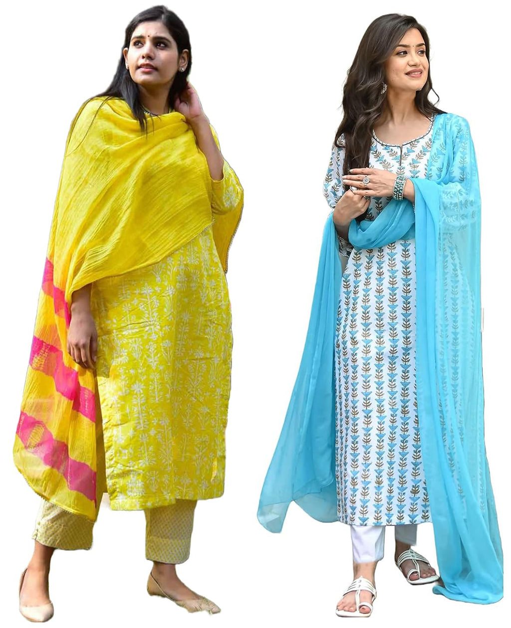 ANNI DESIGNER Womens Cotton Blend Printed Straight Kurta with Pant & Dupatta Pack of 2 (Combo-BAGRU-Yellow-April-Sky Blue_M_Mul