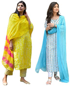 ANNI DESIGNER Womens Cotton Blend Printed Straight Kurta with Pant & Dupatta Pack of 2 (Combo-BAGRU-Yellow-April-Sky Blue_M_Mul
