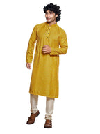 Vardha MenS Viscose Sequin Embellished Stitched Kurta, Yellow Pattern Thread Work Mandarin Collar Long Sleeves Straight Kurta, 